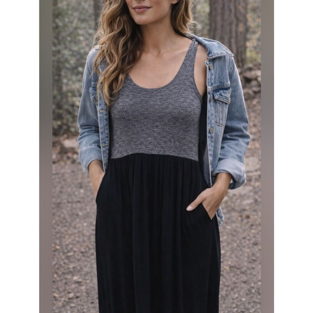 LOFT Petite Medium Colorblock Tank Dress Gray Black Casual Midi